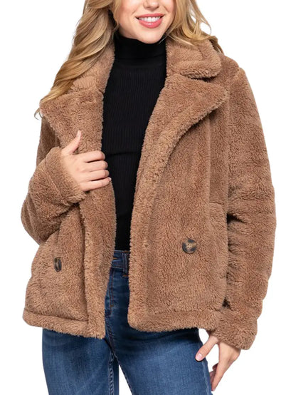 Long Sleeve Notched Collar Side Pocket Sherpa Jacket- Camelo