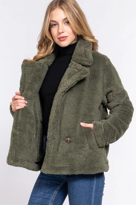 Long Sleeve Notched Collar Side Pocket Sherpa Jacket- TWO COLORS AVAIL