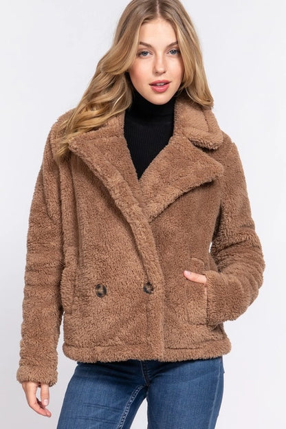 Long Sleeve Notched Collar Side Pocket Sherpa Jacket- Camelo